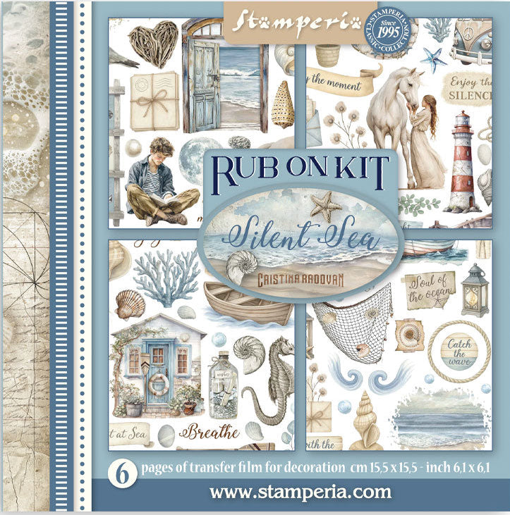 Rub on kit packaging with decorative design and text on a white background